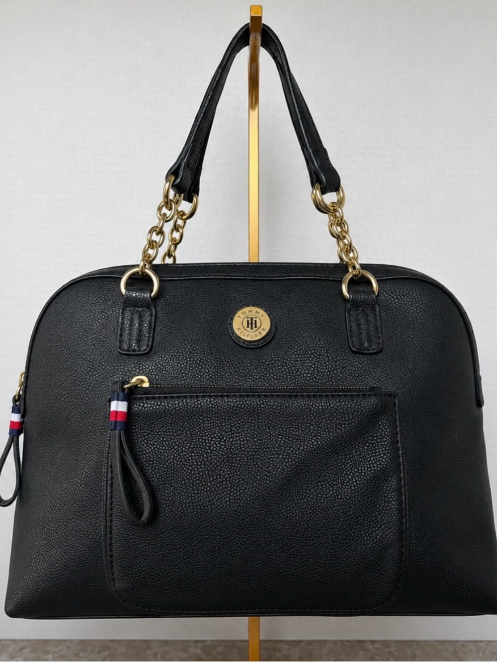 Tommy Hilfiger Black Pebbled Satchel Gold Chain Bag Classic Designer Purse